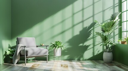 Wall Mural - Interior mockup green wall with gray armchair and decor in living room