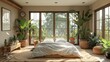 Cozy Scandinavian minimalist guest room with large windows and indoor plants