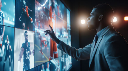 A sports reporter in the studio, standing beside virtual reality displays of athletes in action, using advanced technology to analyze plays and performances, natural light, soft sh