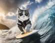 surfer cat with sunglasses on surfboard rides the wave in the sea landscape at sunset,chance,good time,opportunity,vacation,sport and summer concept