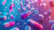 © Alex Alex - 3d rendering of many colorful pills floating in air on blue background. AI.