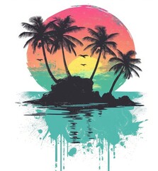 Wall Mural - A vibrant sunset illuminates palm trees on a small island, casting long shadows across the landscape