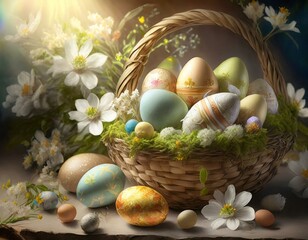 A charming easter basket filled with ornate eggs among spring blossoms