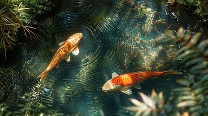 Vibrant orange and white Koi navigate the tranquil waters of a shaded fishpond