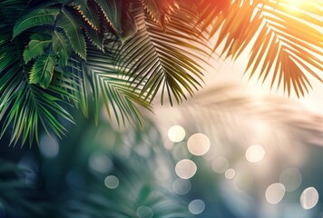 Wall Mural - Sunlight filtering through green palm tree leaves in a tropical setting