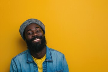 Wall Mural - Black Person. Cheerful Bearded Black Man Posing with Copy Space on Yellow Background