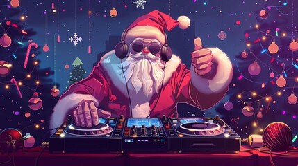 Wall Mural - Santa Claus as DJ at lively Christmas party, festive holiday celebration concept illustration