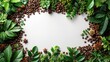 A digital creation featuring a picture frame made from a variety of teas and coffee beans, presented against a pure white backdrop, highlighting the rich browns and greens in a clean