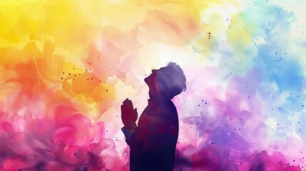 Wall Mural - Silhouette of man worshiping on watercolor background, digital painting