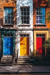 artistic shot of terraced houses with colorful doors