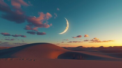 Wall Mural - An ethereal Eid Mubarak moment with the moon casting its magical glow over a pristine desert landscape