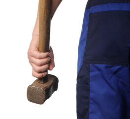 Wall Mural - Man with sledgehammer on white background, closeup