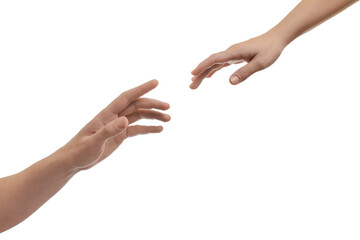 Wall Mural - Man and woman reaching to each other on white background, closeup of hands