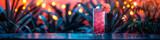 Fototapeta  - Summer refreshing alcoholic cocktail on neon tropical background with palm leaves. Glass of cold tasty aperitif drink with ice cubes. Disco cocktail party. Vacation at beach resort