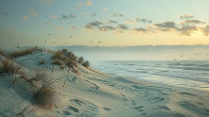 Wall Mural - Sand dunes along the shoreline at sunrise, shrouded in a gentle mist, the air cool and crisp, seagulls calling in the distance