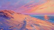 Sand dunes rising majestically along the sea at sunrise, the sky painted in hues of pink and orange