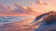 Sand dunes rising majestically along the sea at sunrise, the sky painted in hues of pink and orange