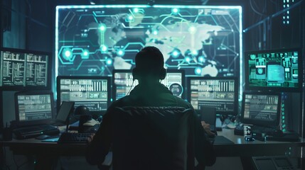 a man sitting at a desk with monitors and a laptop in front of him