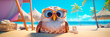 Banner with Owl on the beach. Cute cartoon bird in sunglasses rests on a tropical island against the backdrop of palm trees and the ocean. Summer, vacation, travel concept.