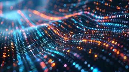 A visual representation of terabytes of binary code data flowing in a dynamic stream of information