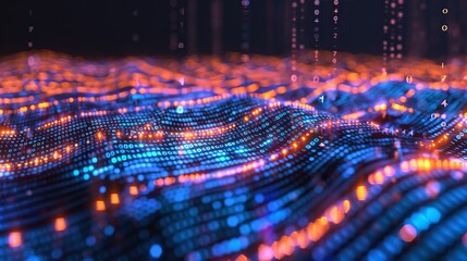 A visual representation of terabytes of binary code data flowing in a dynamic stream of information