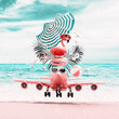 Cute pink airplane with luggage and beach accessories landing on beautiful sand beach. Summer travel concept background. 3D Rendering, 3D Illustration	