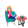 Mujer joven sentada en sillón tomando un té.