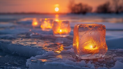 Canvas Print - winter landscape at sunset with ice lanterns on the ground. 