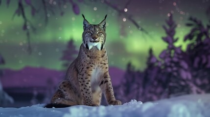 Wall Mural - lynx in the snow in winter forest with northern lights in the sky. 