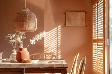 Wall Mural - Modern light terracotta dining room with wooden furniture. Generative AI