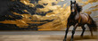 A lone horse stands gracefully in front of a captivating abstract background of swirling gold and black paint