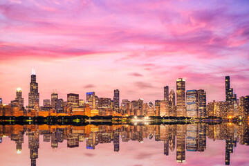 Wall Mural - Chicago Skyline at Sunset over the Lake Michigan