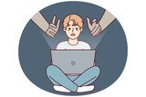 Fototapeta Kwiaty - Giant hands reaching out to teenage boy using laptop with internet without parental control. concept of danger of using gadgets by children due to possibility of identity theft