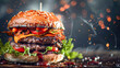 Bacon Cheeseburger with Cheddar & Ketchup Against Lively Bar Background