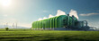 Modern biofuel processing plant against lush green fields under a clear blue sky, symbolizing renewable energy sources