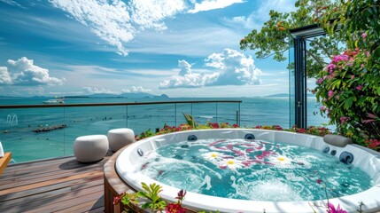 Poster - Luxurious bathtub with colorful flowers with sea and sky views.AI generated image