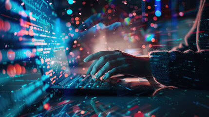 Wall Mural - modern laptop with data lights pattern, user hands on abstract dark digital background. concept of n