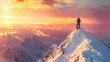 a man climbs to the top of a snowy mountain on a sunny morning.AI generated image