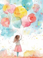 Girl with floating balloons in pastel tones - A whimsical watercolor illustration of a young girl from behind holding a bunch of colorful balloons against a soft pastel background