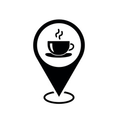 Wall Mural - coffee shop location map pointer, cup of coffee icon with location pin, black symbol isolated on whi