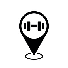 Wall Mural - gym location map pointer, weight icon with location pin, black symbol isolated on white background, 