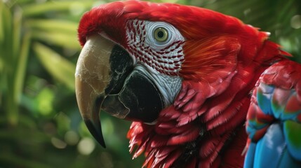 Poster - A close up of a parrot's face with a blurry background. Perfect for nature and animal themed designs