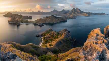 Poster - Scenic view of a large body of water surrounded by majestic mountains. Perfect for travel and nature concepts