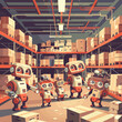 Cartoon vector illustration of a warehouse with robots and boxes on shelves