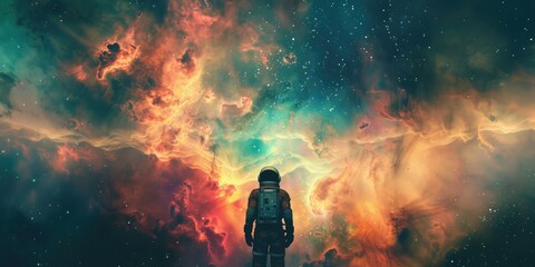 Wall Mural - astronaut in space suit with colorful nebula background. ideal for space exploration concepts