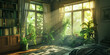 A cozy bedroom with plants and bookshelves, sun rays coming through the window, in the style of cinematic