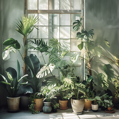 Wall Mural - A collection of potted plants in various sizes and shapes, including monstera leaves, stands against the wall near an open window with sunlight streaming through, casting shadows on the greenery