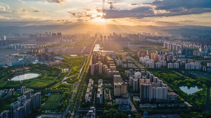 Wall Mural - Beautiful sunset over a city skyline and a tranquil lake. Perfect for travel and nature concepts