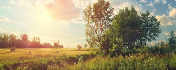 Canvas Print - Green meadow forest landscape during bright sun in summer