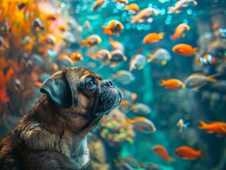 Canvas Print - A dog looking at a group of fish in an aquarium. Generative AI.